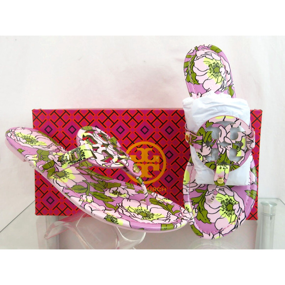 TORY BURCH MILLER BOLD FLOWERS PATENT LEATHER REVA FLAT THONG SLIDE SANDALS 7.5 - Picture 4 of 14